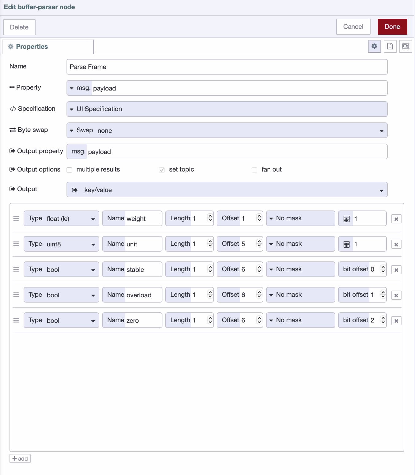 Buffer Parser node configuration showing weight, unit, and status flag fields mapped to their respective byte offsets