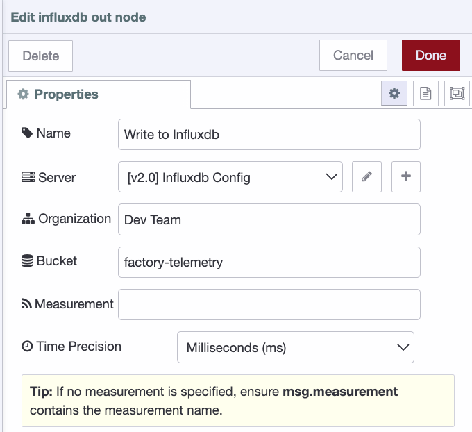 InfluxDB out node configured in Node-RED with organization, bucket, and measurement fields.