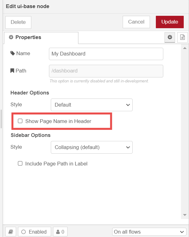 "Screenshot showing the 'Show page name in the header bar' option in the dashboard settings"
